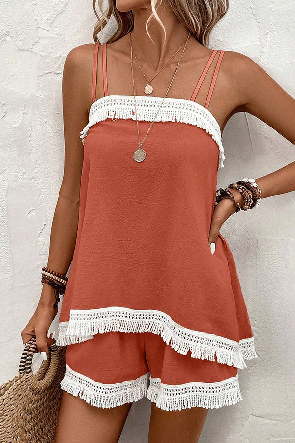 Color Block Tassel Casual Two Piece Set