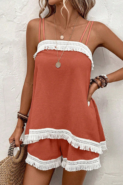 Color Block Tassel Casual Two Piece Set