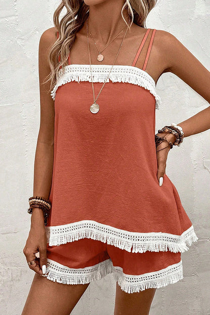 Color Block Tassel Casual Two Piece Set