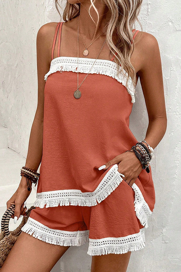 Color Block Tassel Casual Two Piece Set