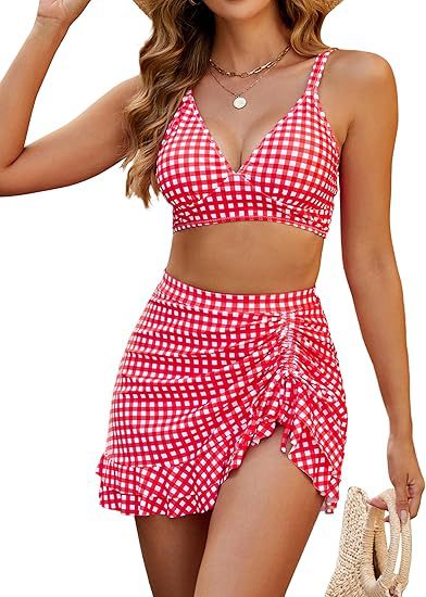 Women's High Waisted Bikini Sets Tummy Control Swim Skirt Two Piece