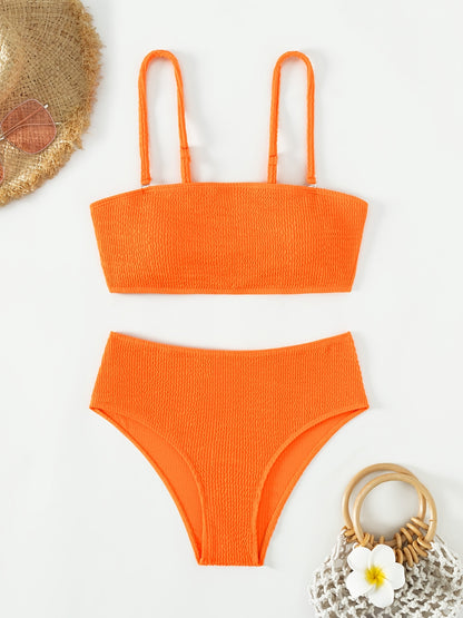 Women's Tangerine Red Rib Knit Spaghetti Straps Bikini