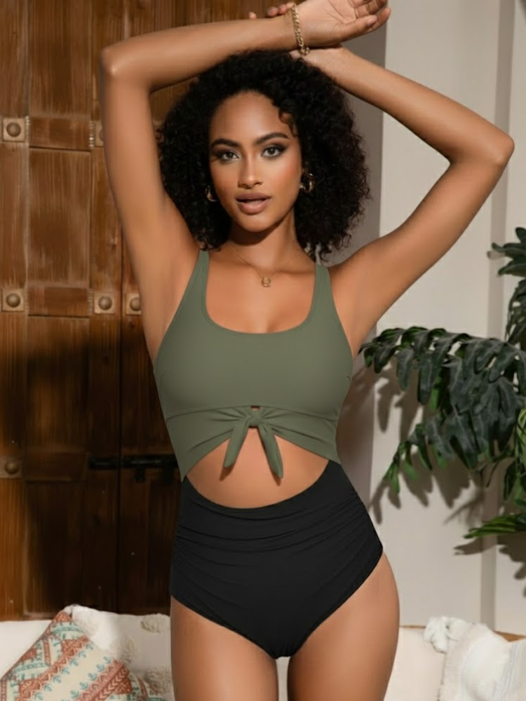 Women's Striped Cutout Tummy Control One-Piece Swimsuit