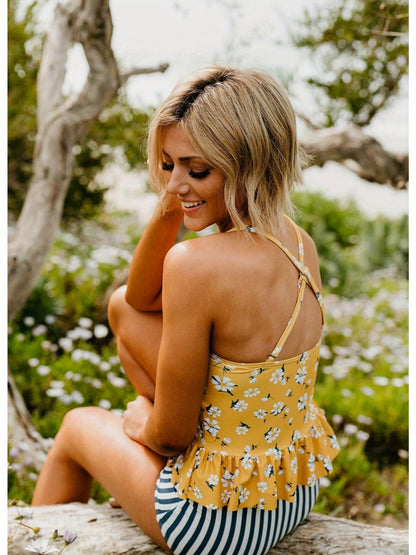 Women's Peplum Tankini Swim In Mustard Daisy