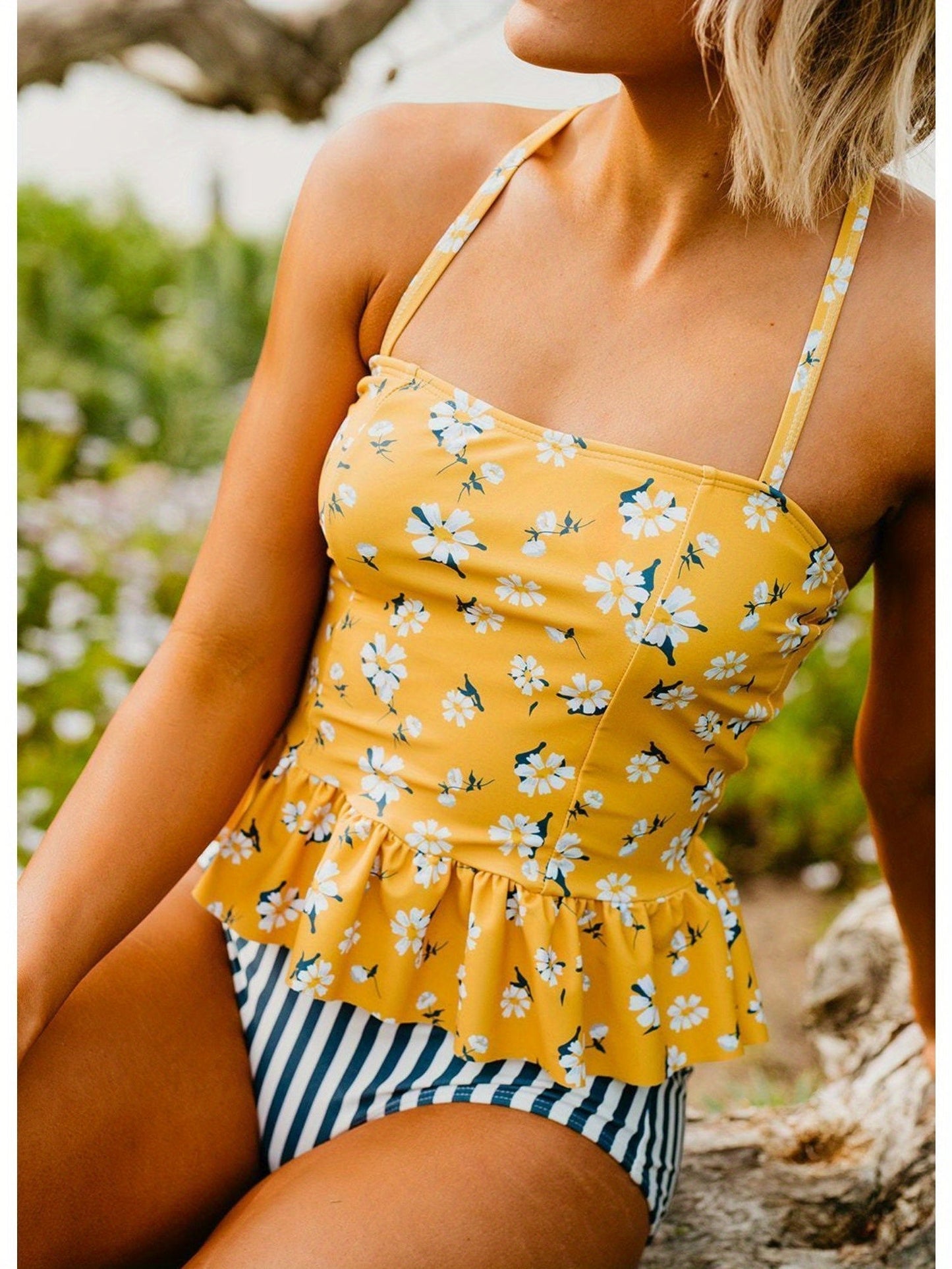Women's Peplum Tankini Swim In Mustard Daisy