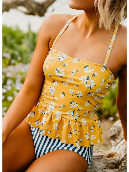 Women's Peplum Tankini Swim In Mustard Daisy