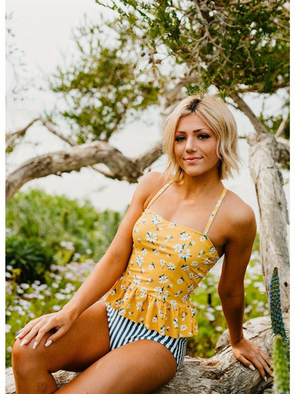 Women's Peplum Tankini Swim In Mustard Daisy