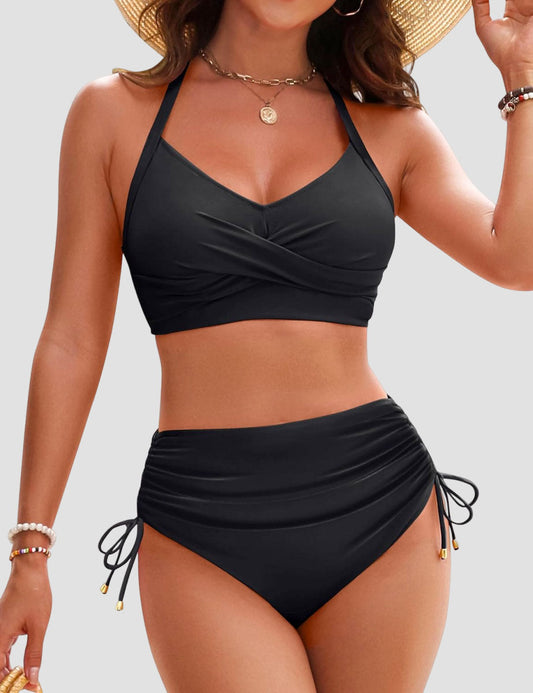 Womens High Waisted Bikini Sets Drawstring Tummy Control Swimsuits