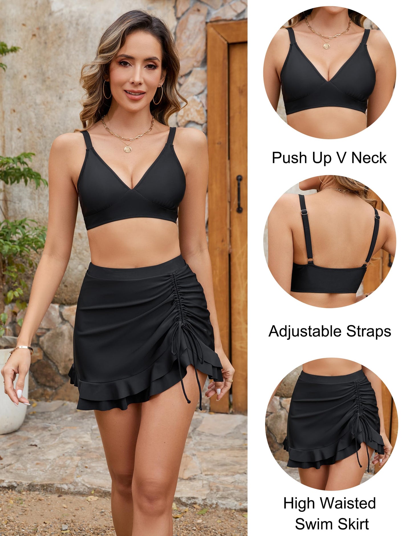 Women's High Waisted Bikini Sets Tummy Control Swim Skirt Two Piece