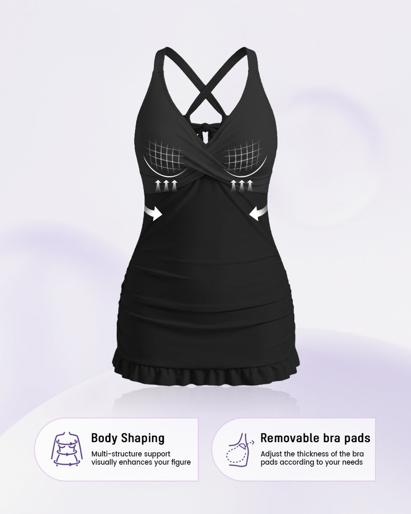 Women's Deep V Cross Back Ruched One Piece Swimsuit Tummy Control