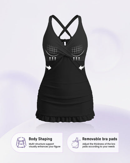 Women's Deep V Cross Back Ruched One Piece Swimsuit Tummy Control