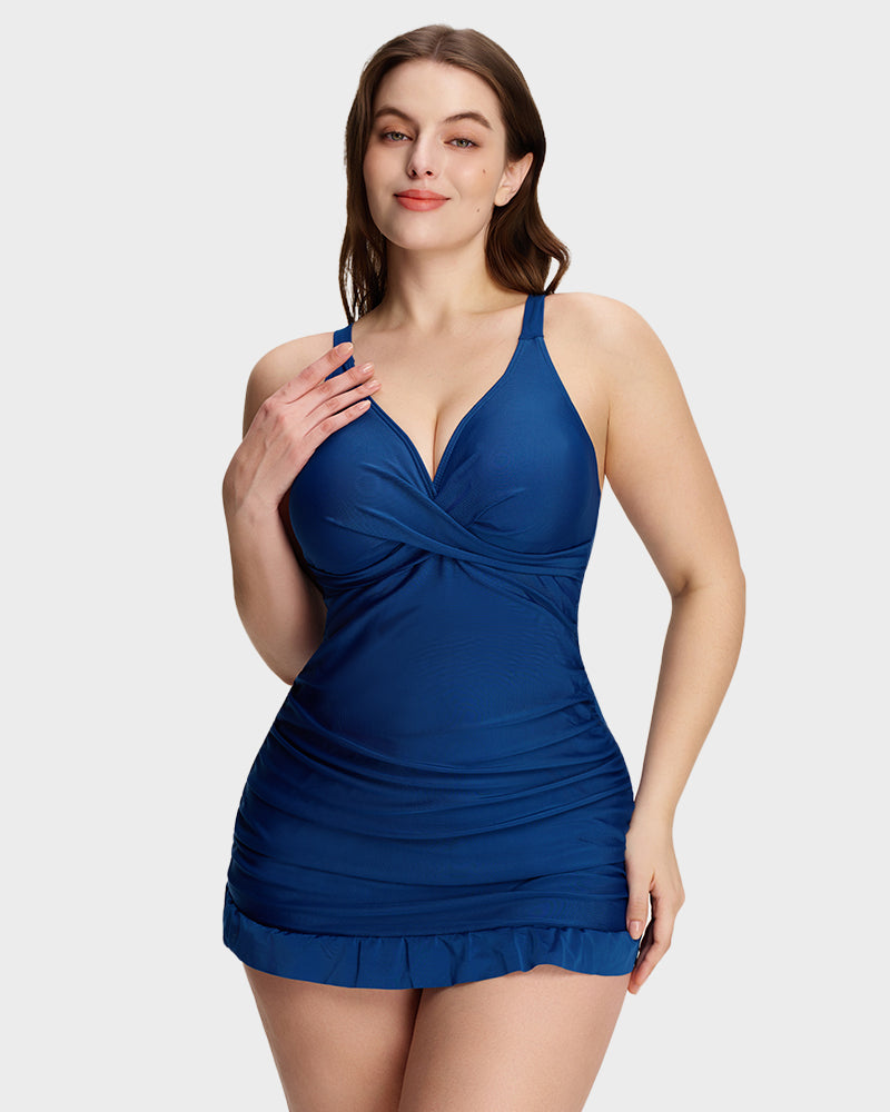 Women's Deep V Cross Back Ruched One Piece Swimsuit Tummy Control