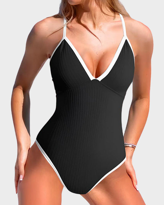Women's Deep V Ribbed Cross Back One Piece Swimsuit Tummy Control