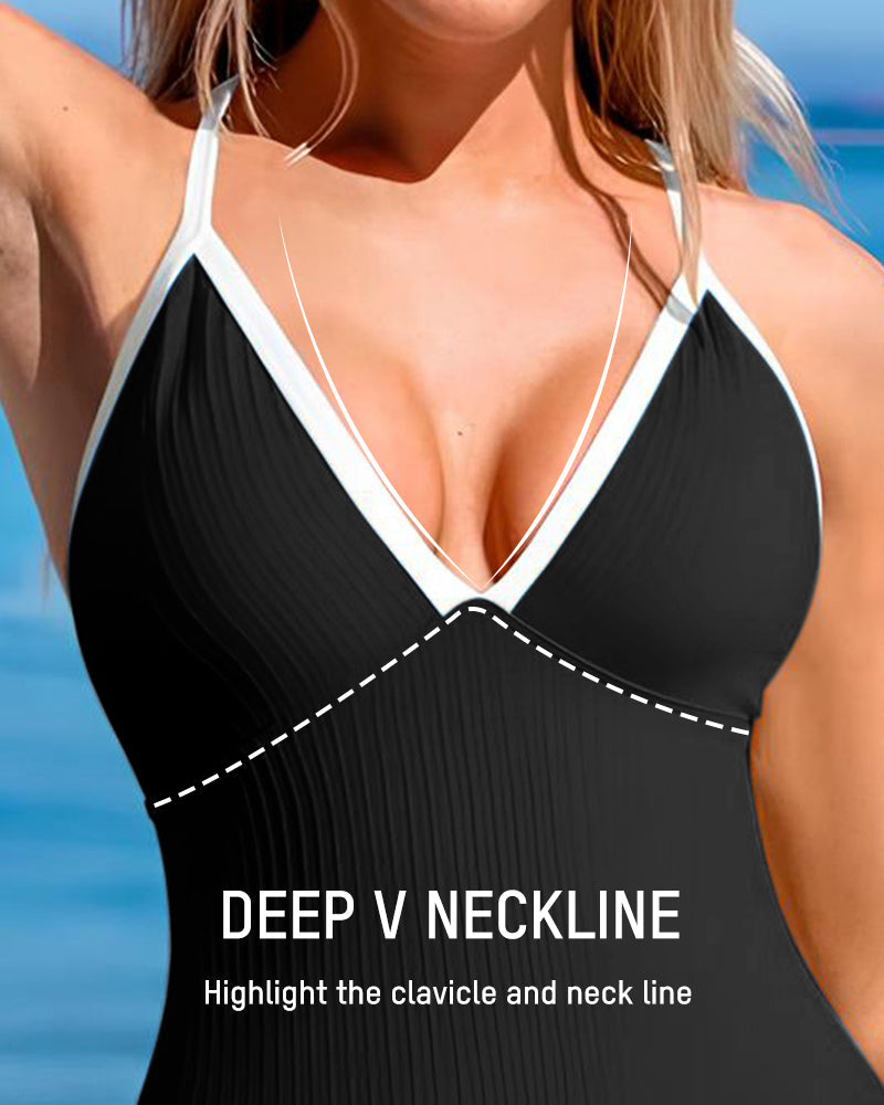Women's Deep V Ribbed Cross Back One Piece Swimsuit Tummy Control