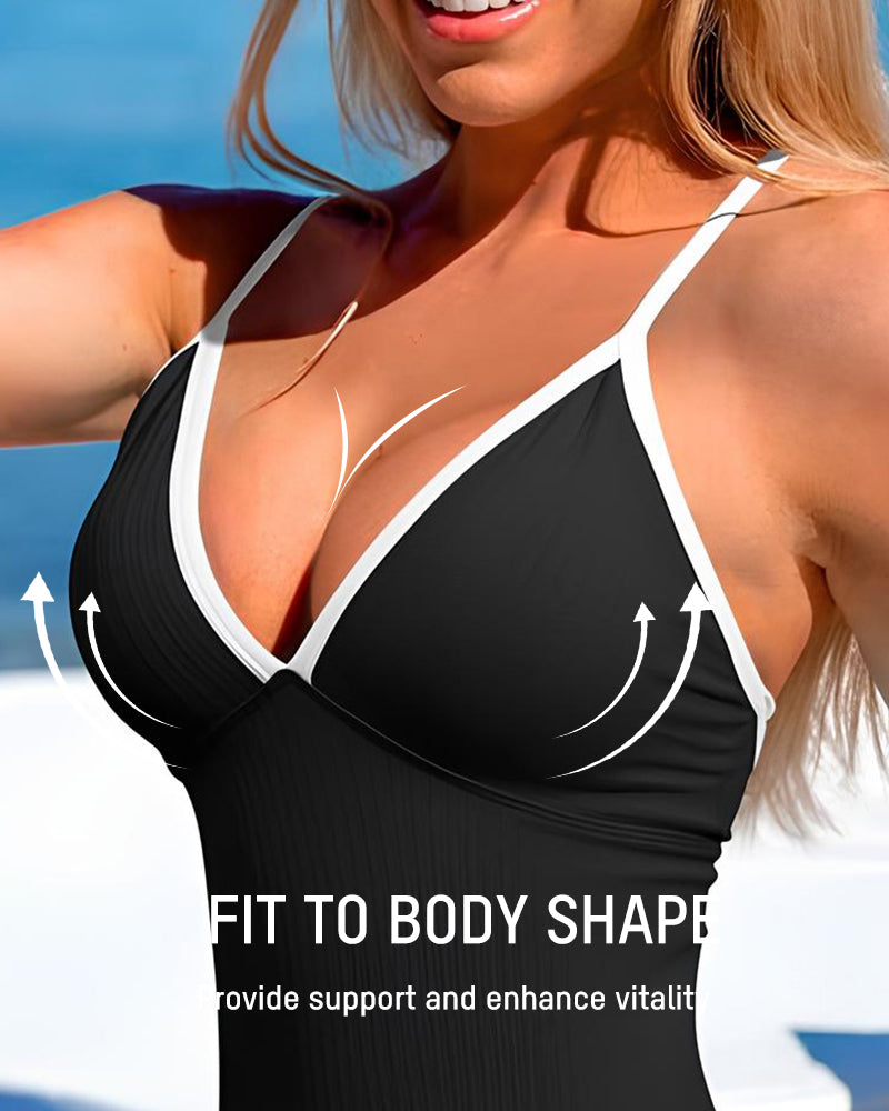 Women's Deep V Ribbed Cross Back One Piece Swimsuit Tummy Control