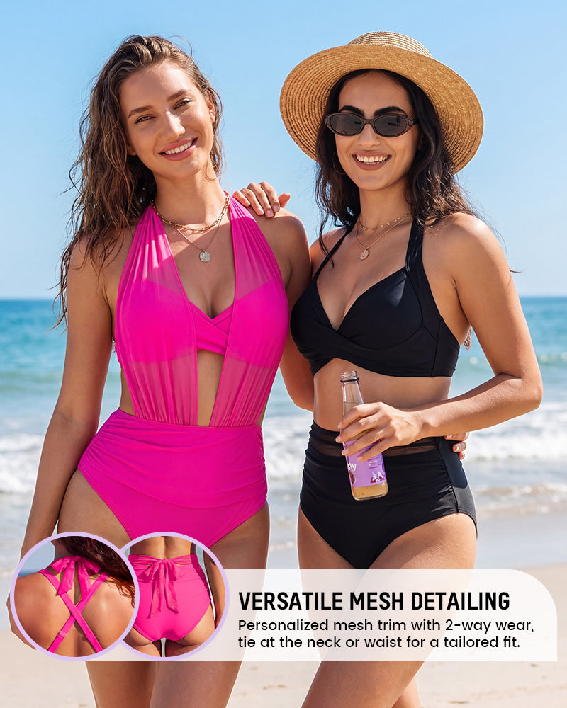 Women's High Waist Tummy Control Mesh Bikini Set Two Piece Swimsuit