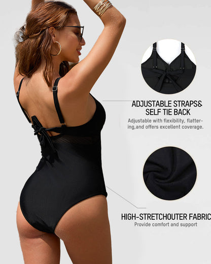 Women's Metallic Accent Mesh Panel One-Piece Swimsuit