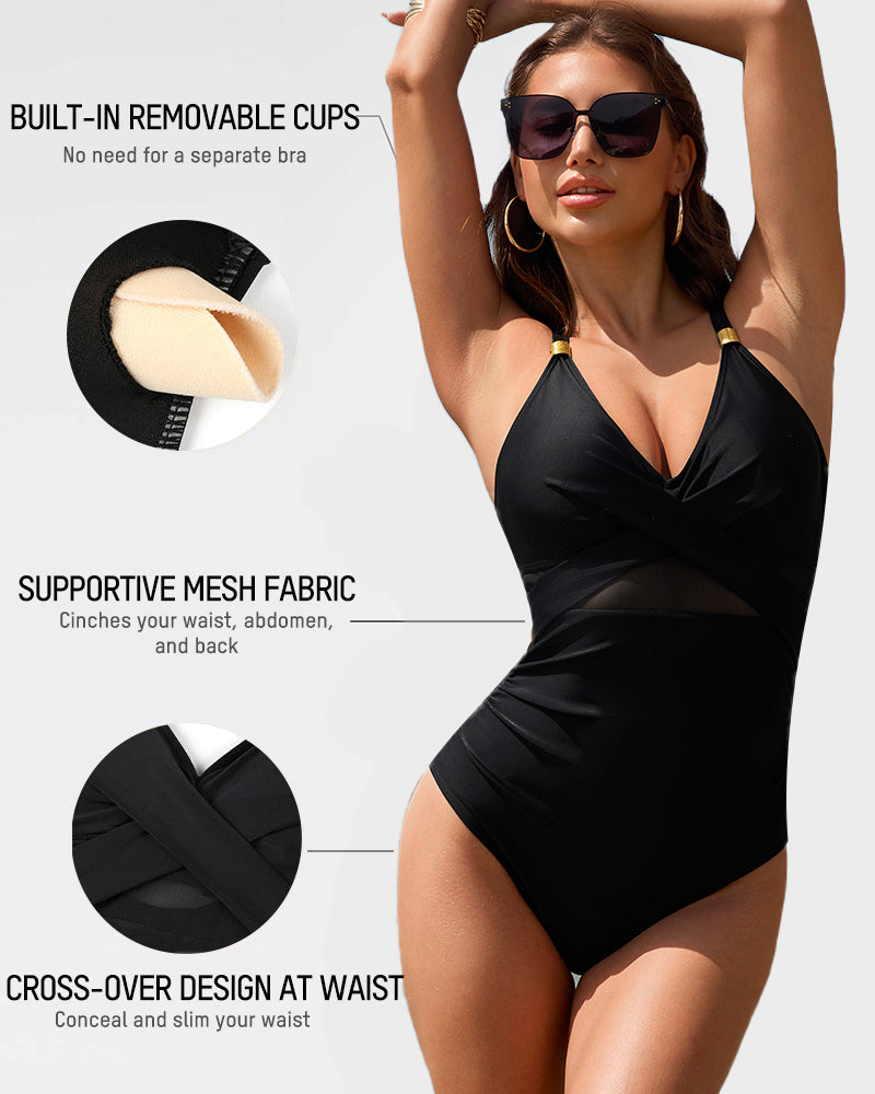 Women's Metallic Accent Mesh Panel One-Piece Swimsuit