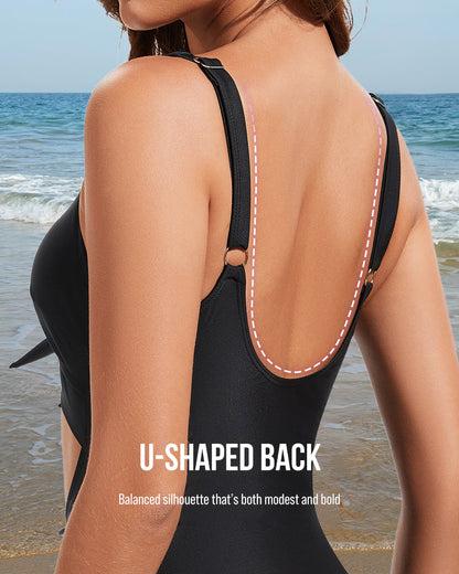 Women's Ruched Tie Knot Tummy Control One Piece Swimsuit Slimming