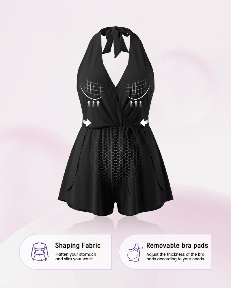 Women's Halter V Neck Tummy Control Swim Romper One Piece Swimsuit