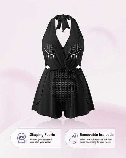 Women's Halter V Neck Tummy Control Swim Romper One Piece Swimsuit