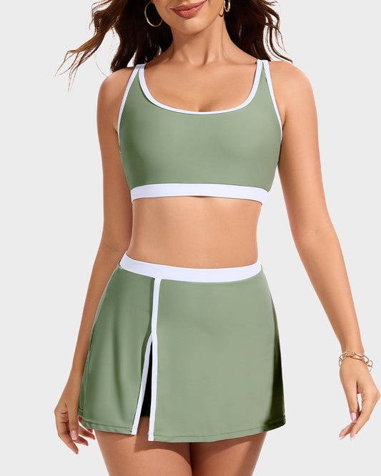 Women's Sporty Color Block Side Slit Skirted Bikini Set