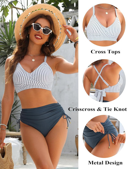 Women's High Waisted Bikini Sets Drawstring Tummy Control Swimsuits