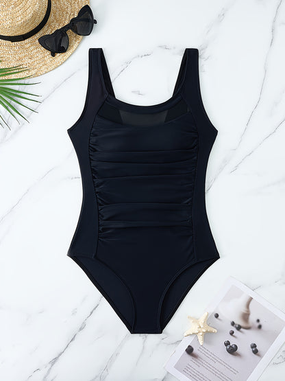 Women'S Black Slim Fit Pleated One-Piece Swimsuit - with Mesh