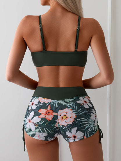 Women's Tropical Plant Print High-Waisted Drawstring Bikini Set