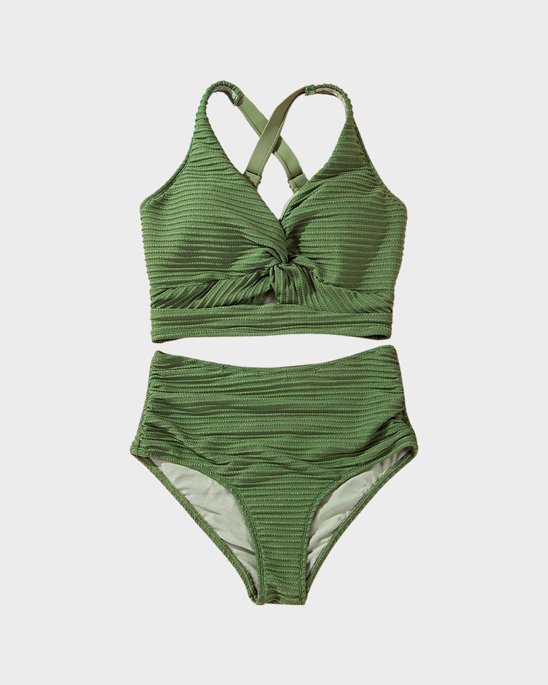 Women's Textured Ribbed Knot Front High Waist Bikini Set Two Piece